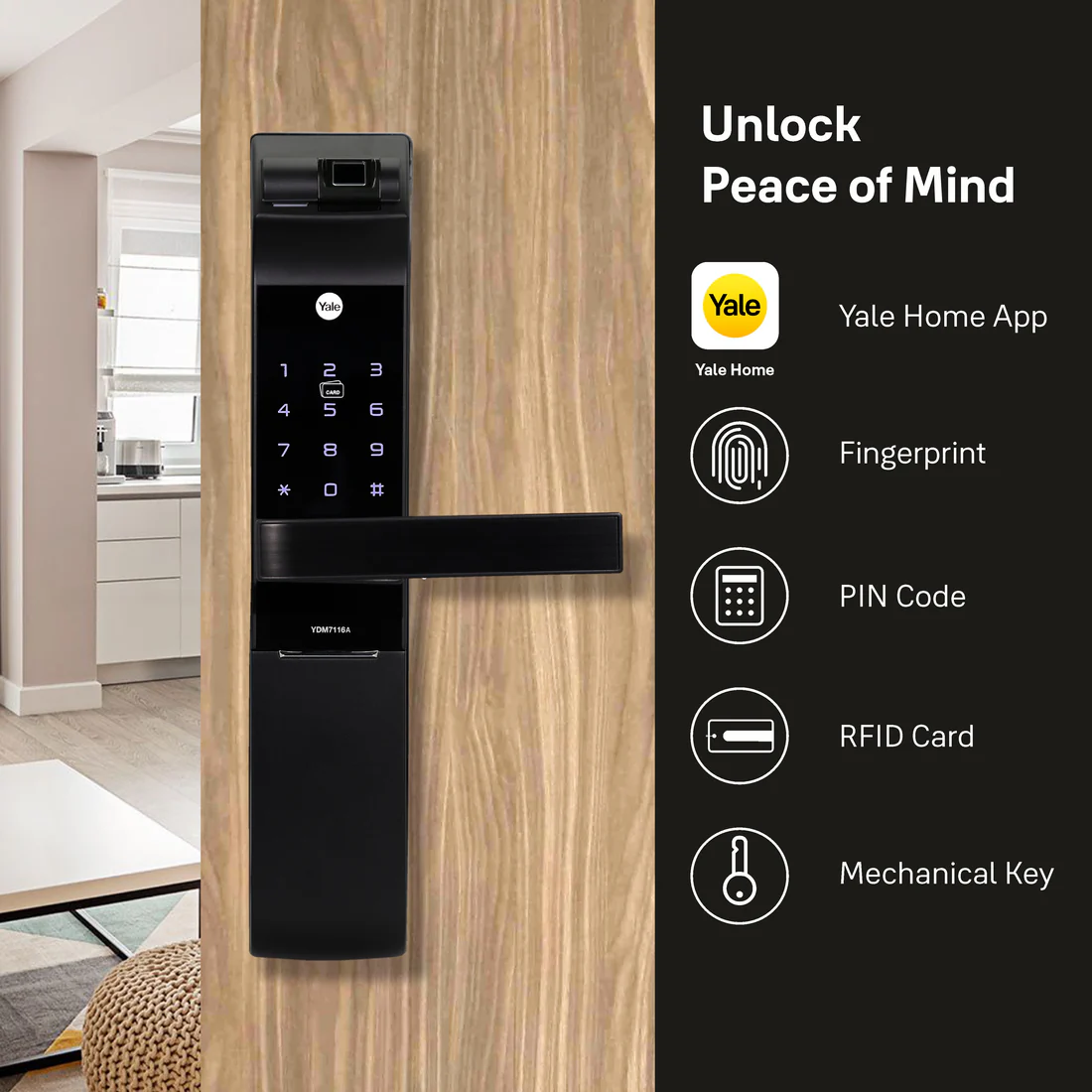 YDM 7116A Smart Lock, Matt Black with Fingerprint, PIN Code, RFID Card, Mechanical Key, Bluetooth module, Works with Yale Home App - Image 4