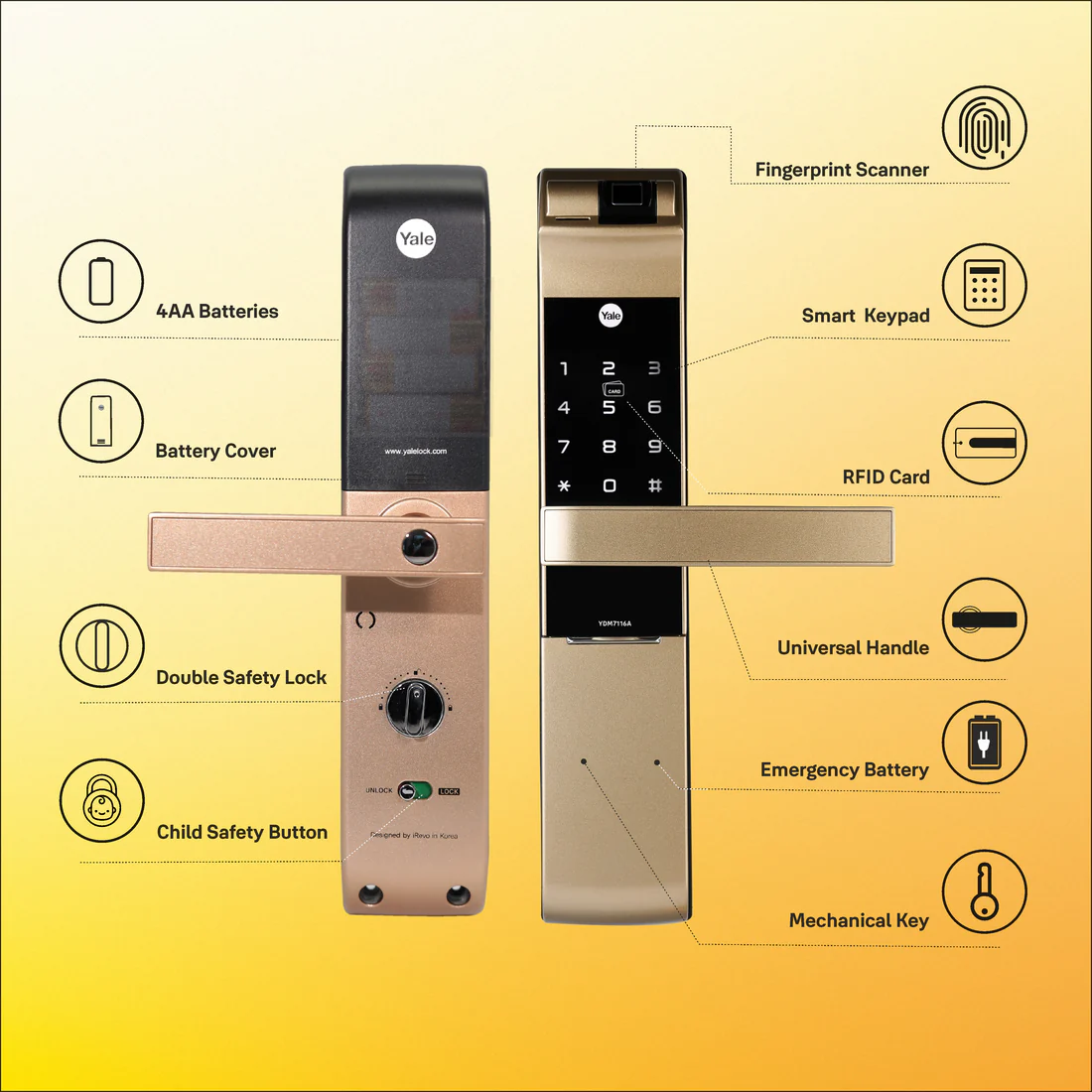 YDM 7116 Smart Door Lock Champagne Gold - Image 6