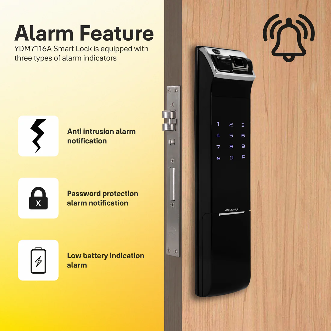 YDM 4109 Roller Latch Smart Lock | Biometric Access - Black , Without Handle - Image 5