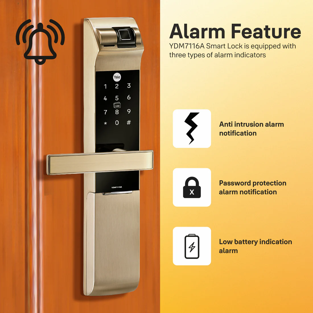 YDM 7116A Smart Lock, Champagne Gold - with Fingerprint, PIN Code, RFID Card, Mechanical Key, Bluetooth module, Works with Yale Home App - Image 9