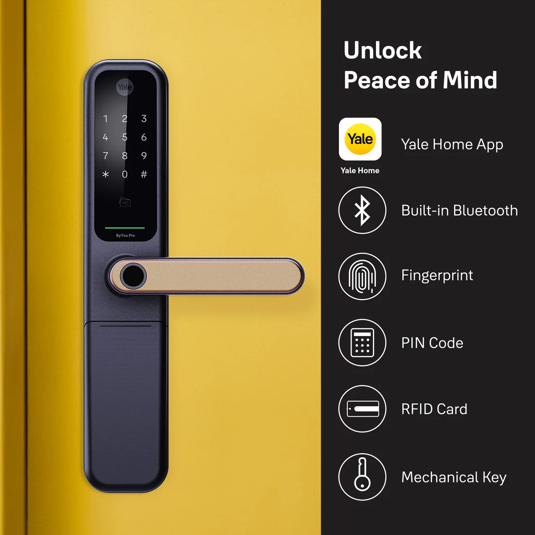 ByYou Mortise Smart Door Lock - with 5 Way Unlocking Fingerprints, In-built Bluetooth, PIN Code, RFID Tag, Manual Key (Black/Gold) - Image 5