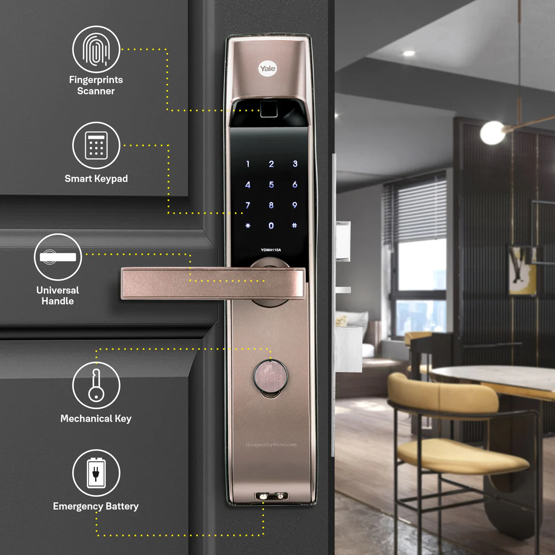 YDM 4115 A Series, Smart Lock, Brown - with Fingerprint, PIN, manual key and Yale Home App With Bluetooth Module and Wifi Connect Bridge - Image 5