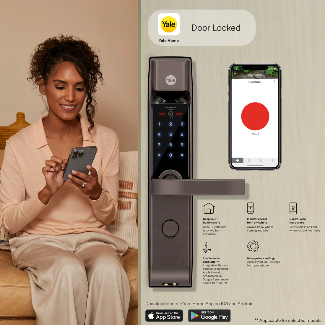 YDM 4115 A Series, Smart Lock, Brown - with Fingerprint, PIN, manual key and Yale Home App With Bluetooth Module and Wifi Connect Bridge - Image 4